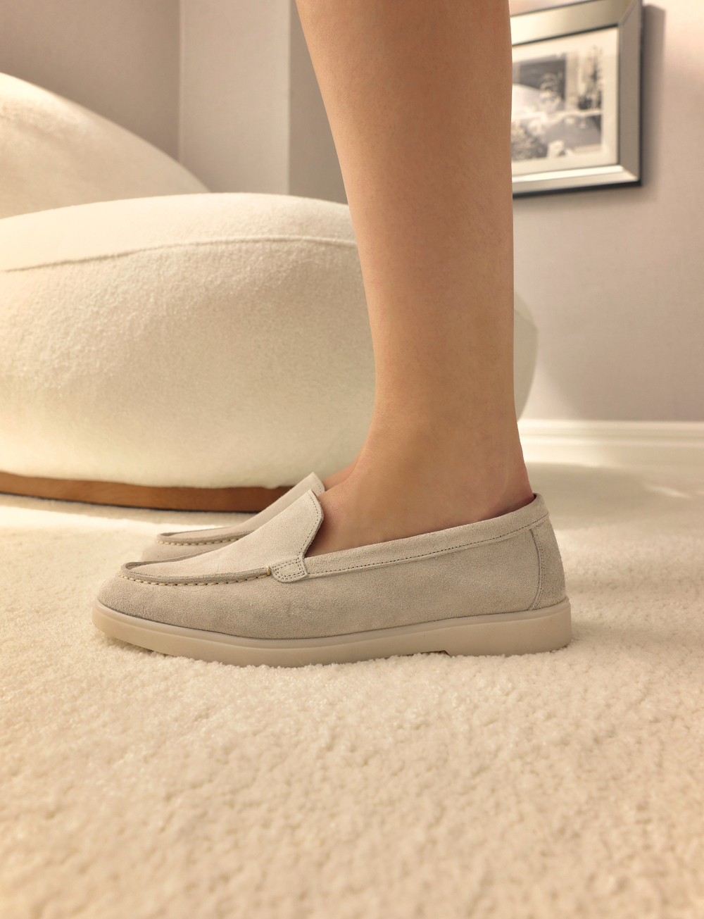 Women 100% Genuine Leather Suede Beige Shoes