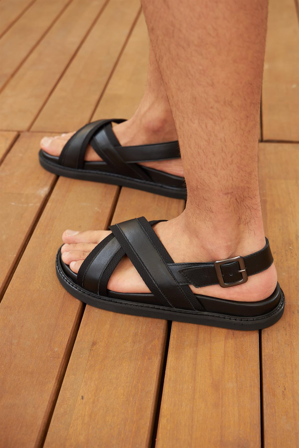 Men Black Genuine Leather Sandals