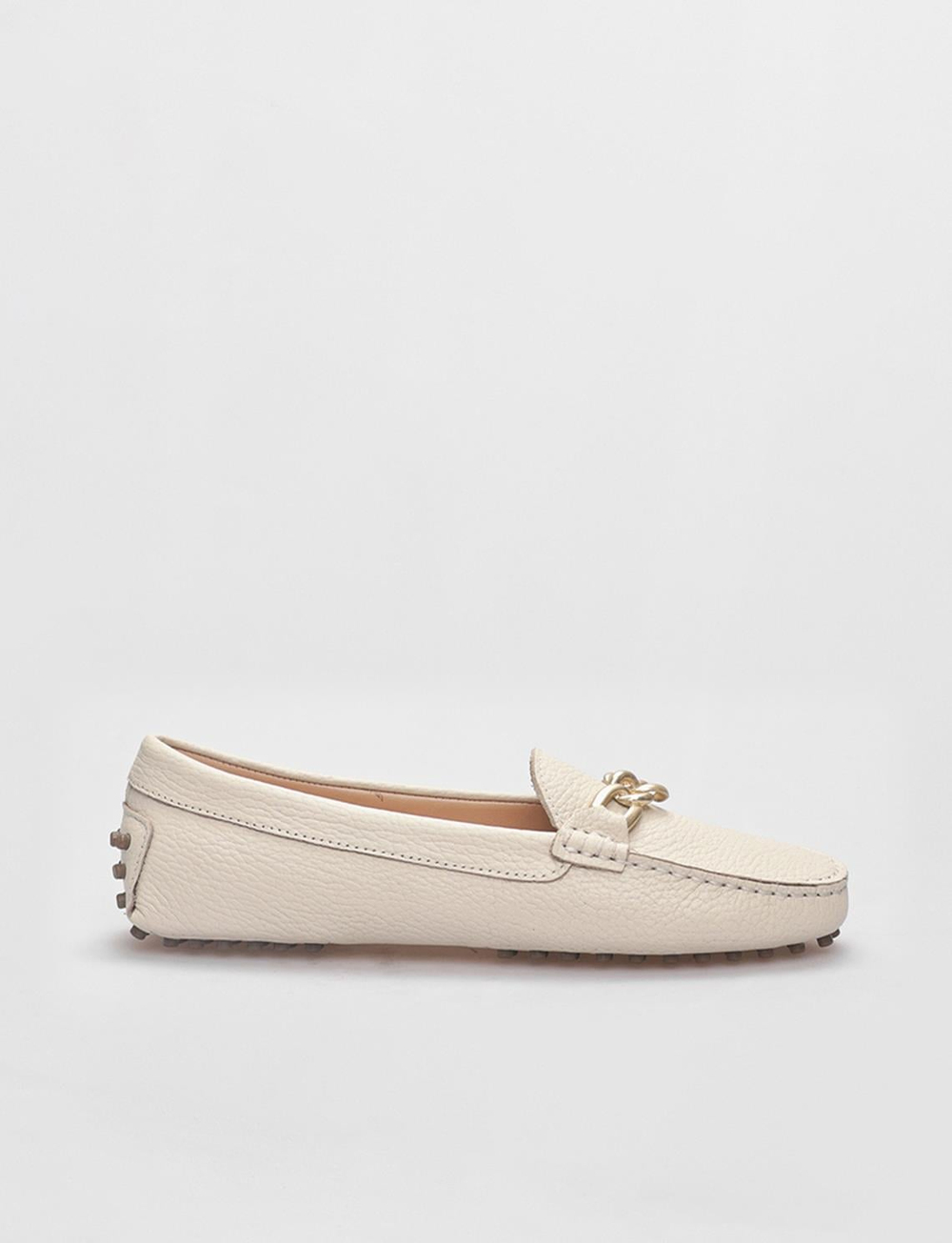 Women Beige Genuine Leather Metal Decor Loafers