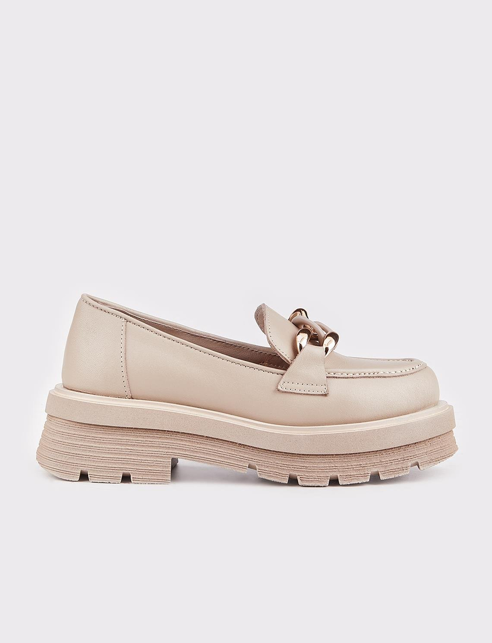 Women Beige Genuine Leather Chain Decor Flatform Loafers