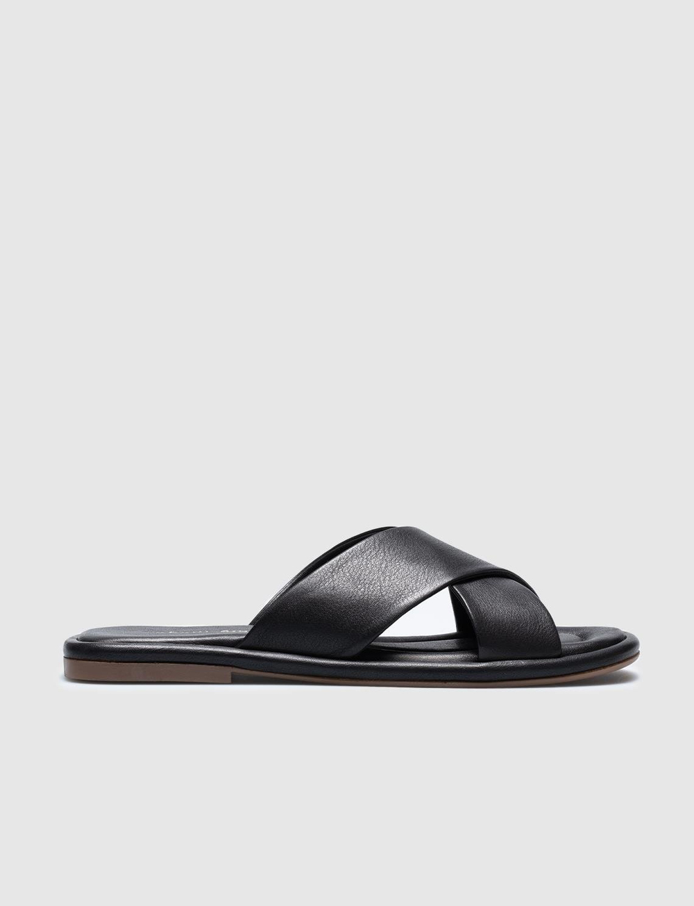Women Black Genuine Leather Cross Strap Slides