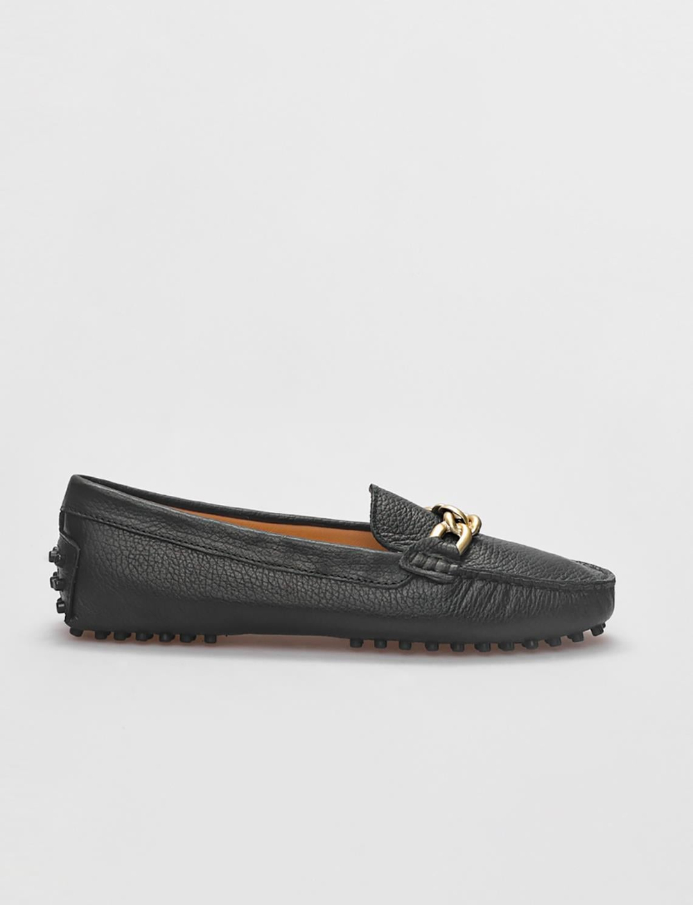 Women Black Genuine Leather Metal Decor Loafers