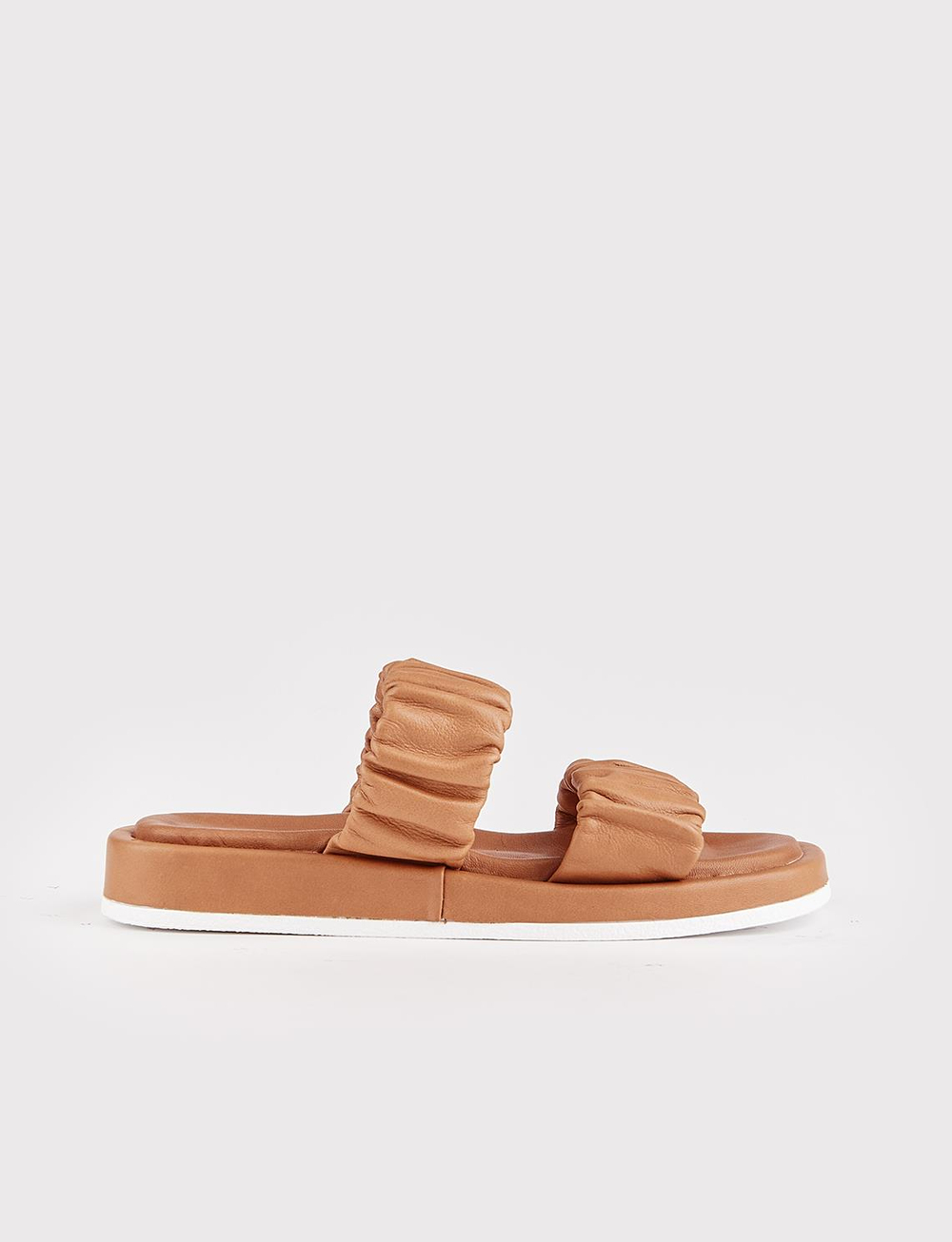 Women Tan Genuine Leather Double Slide Slippers