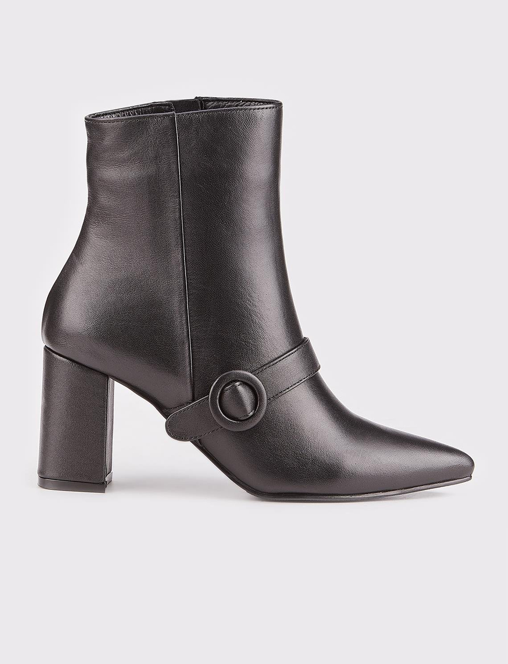 Women Black Genuine Leather Buckle Decor Ankle Boots