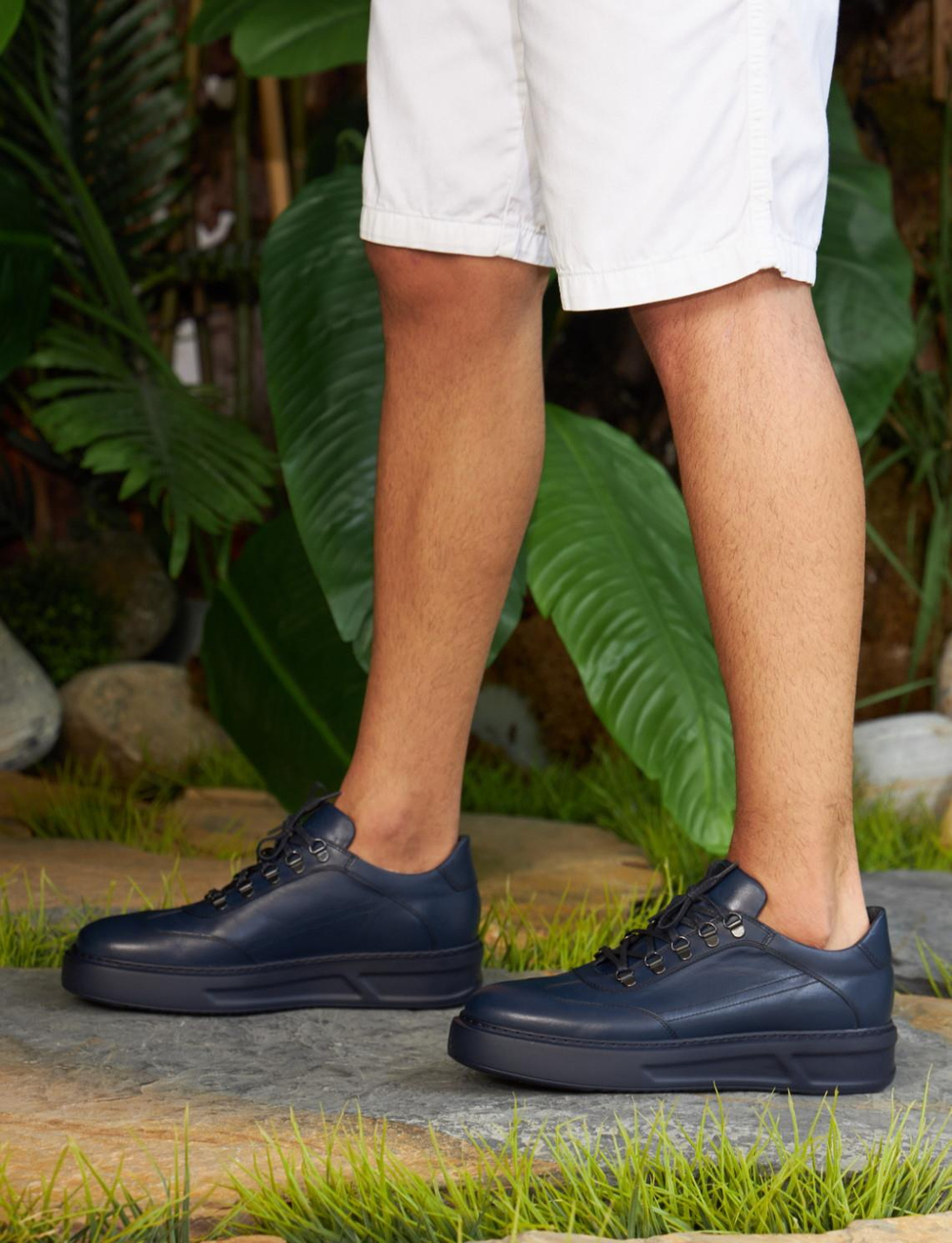 Men Navy Blue Genuine Leather Lace Up Front Sneakers