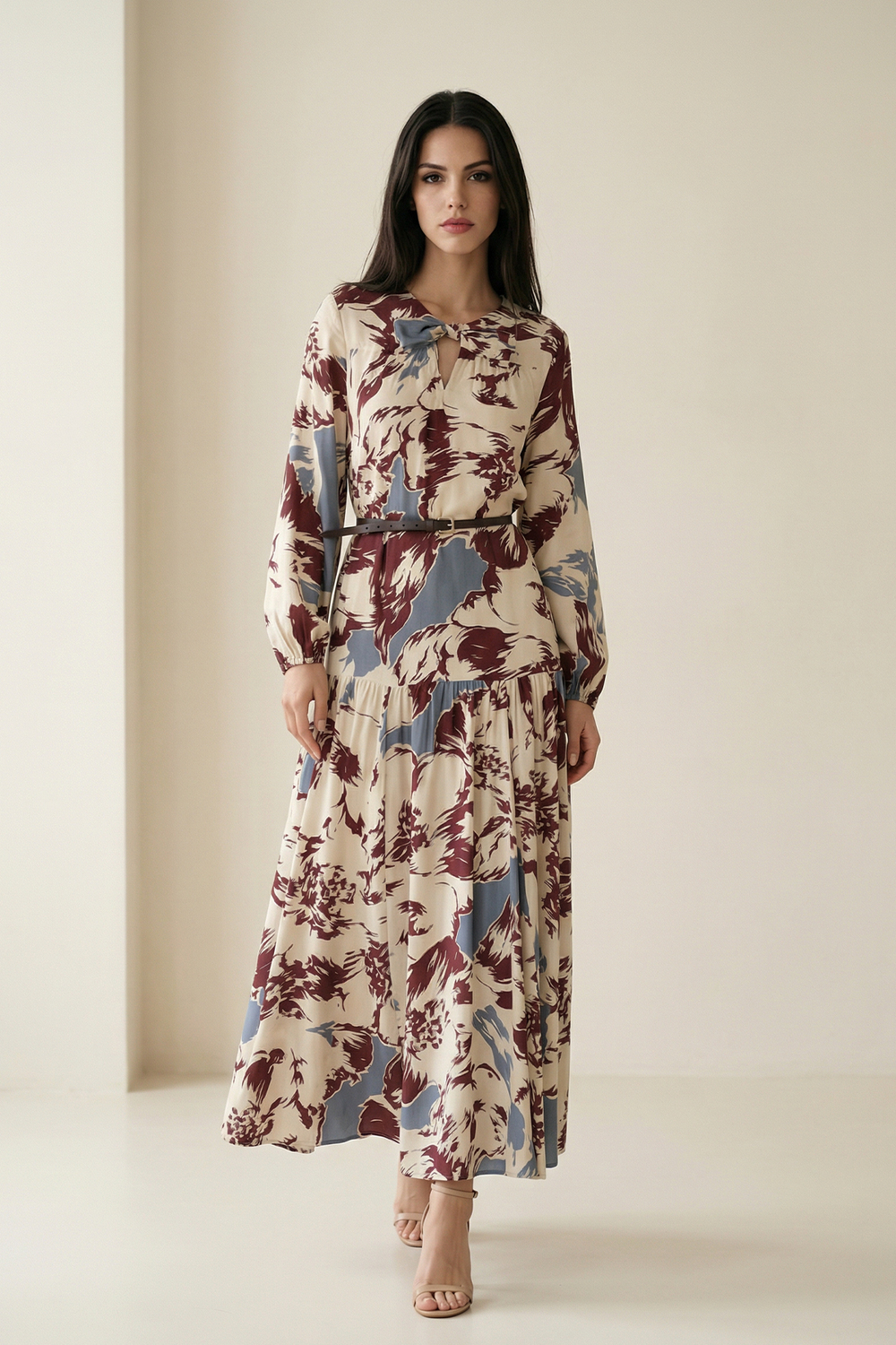 Bordo-Mavi Boyun Ve Bel Detaylı Kemerli Desenli Midi Boy Elbise