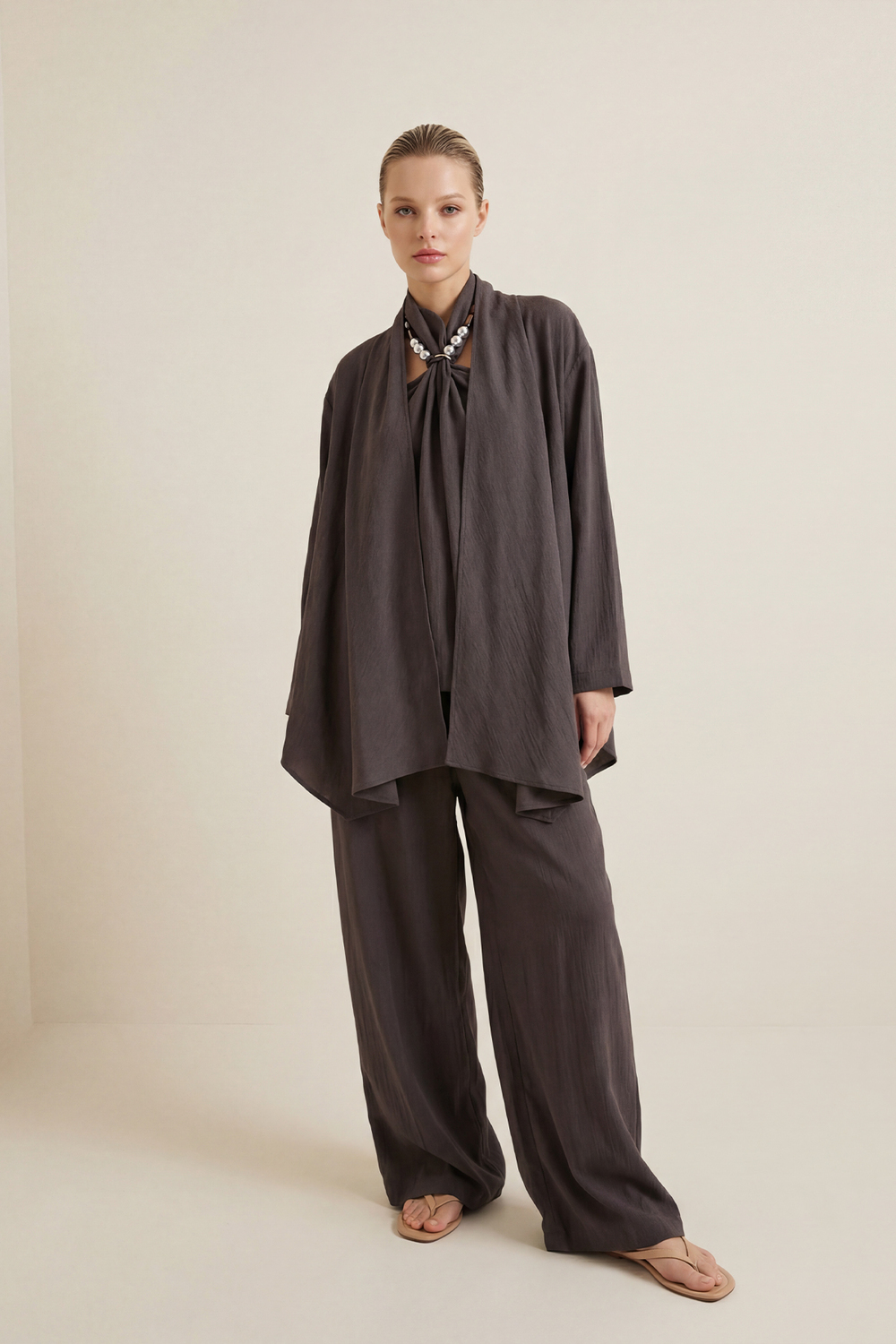 Acı-Kahve Kruvaze Kapama Rahat Kesim Kimono