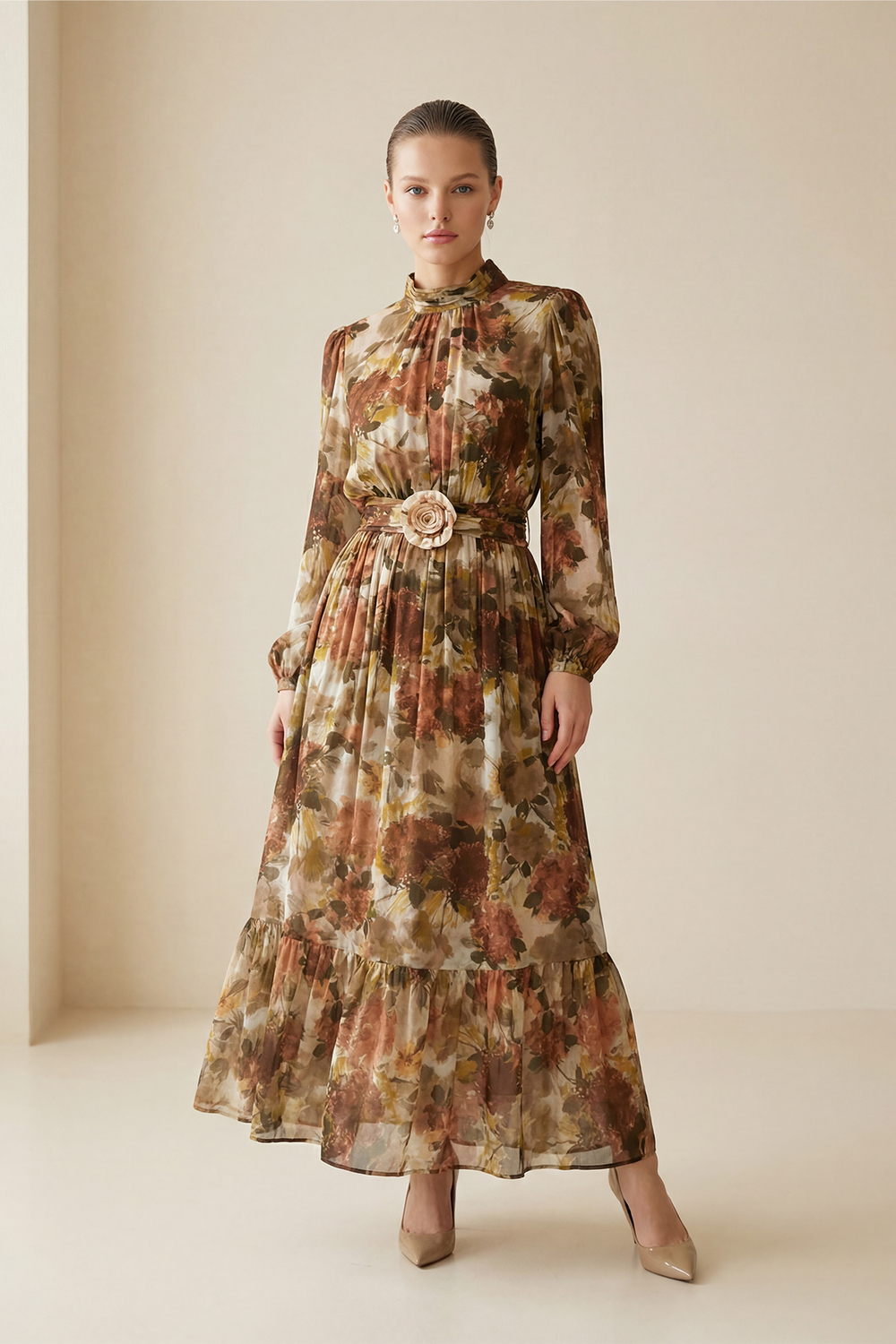 Kahve Yaka Bel Ve Kol Detaylı Desenli Midi Boy Elbise