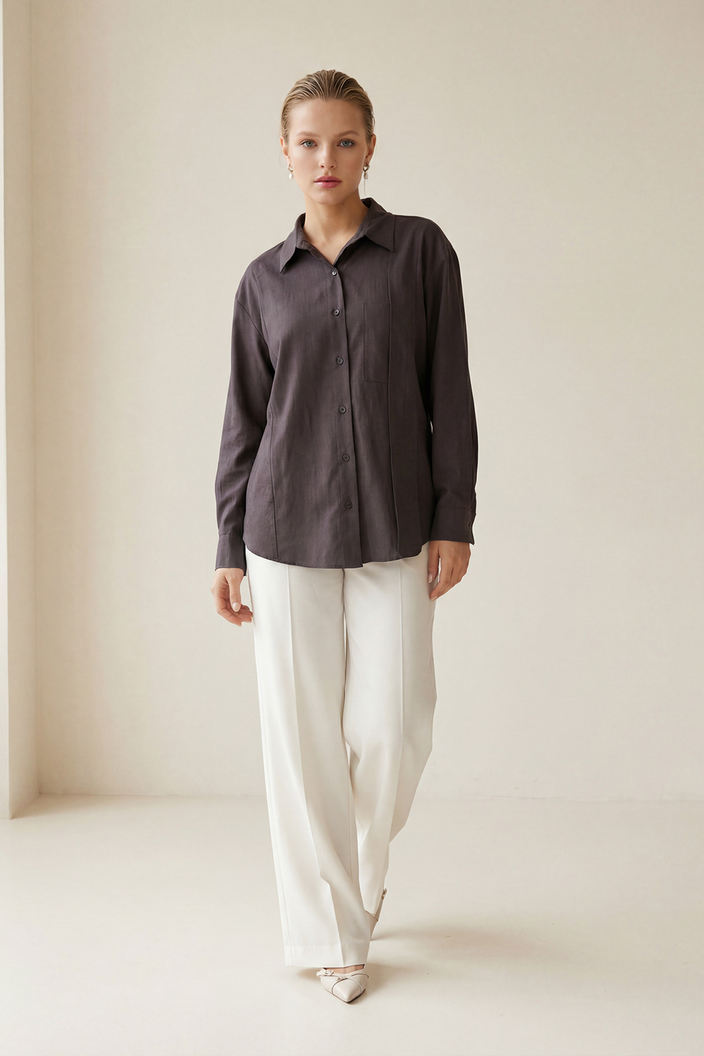 Acı-Kahve Dikiş Detaylı Rahat Kesim Uzun Kollu Gömlek