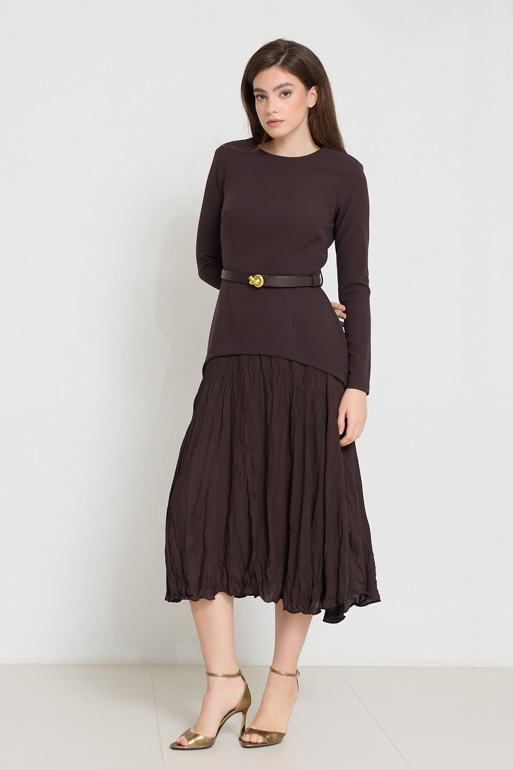 Acı-Kahve Kemer Detaylı Uzun Kollu Midi Elbise Kadın Günlük Elbise modelleri