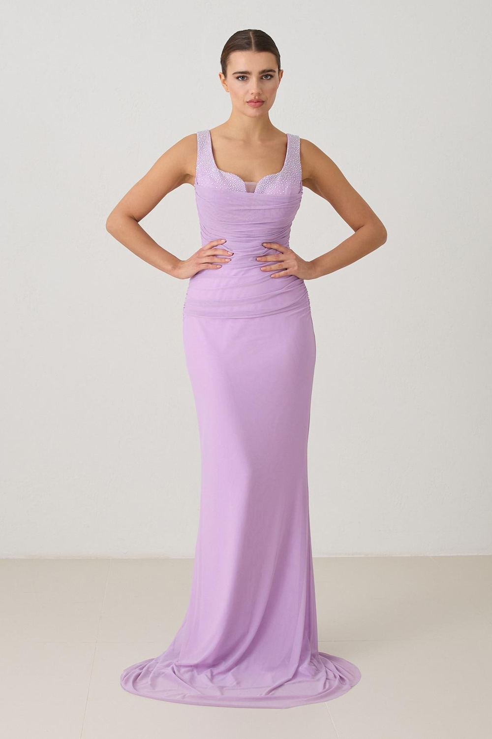 Açık Lila Zarif Omuz Detaylı Gece Elbisesi Kadın Abiye Elbise modelleri