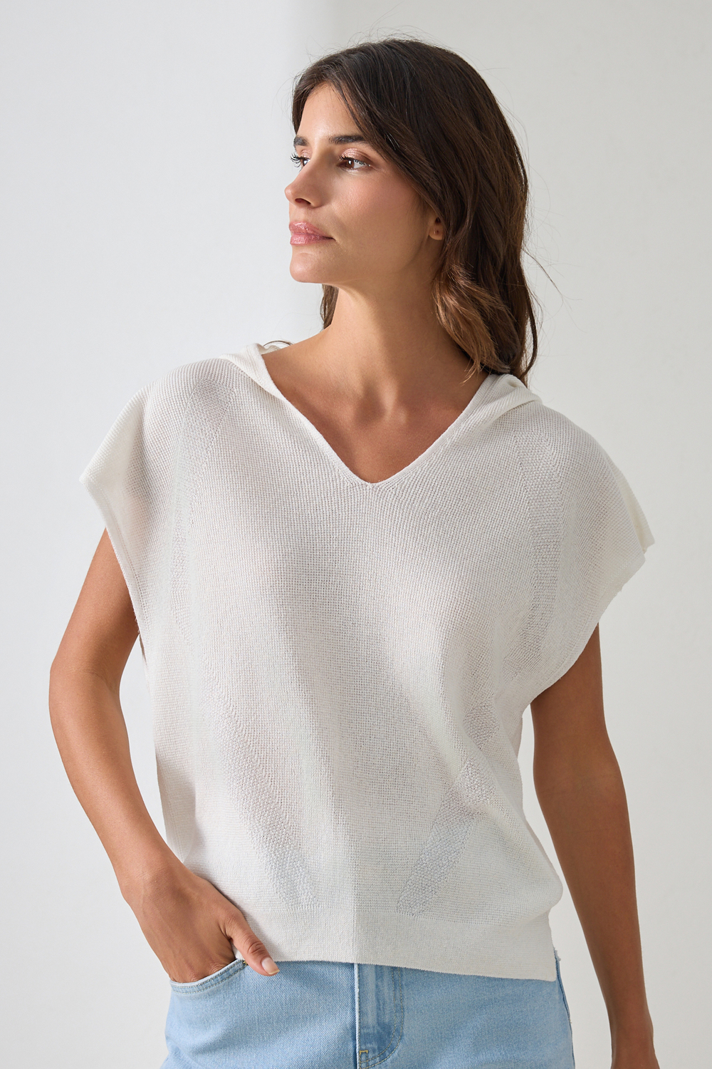 Bej V Yaka Şapka Ve Kol Detaylı Triko Bluz Kadın Triko modelleri