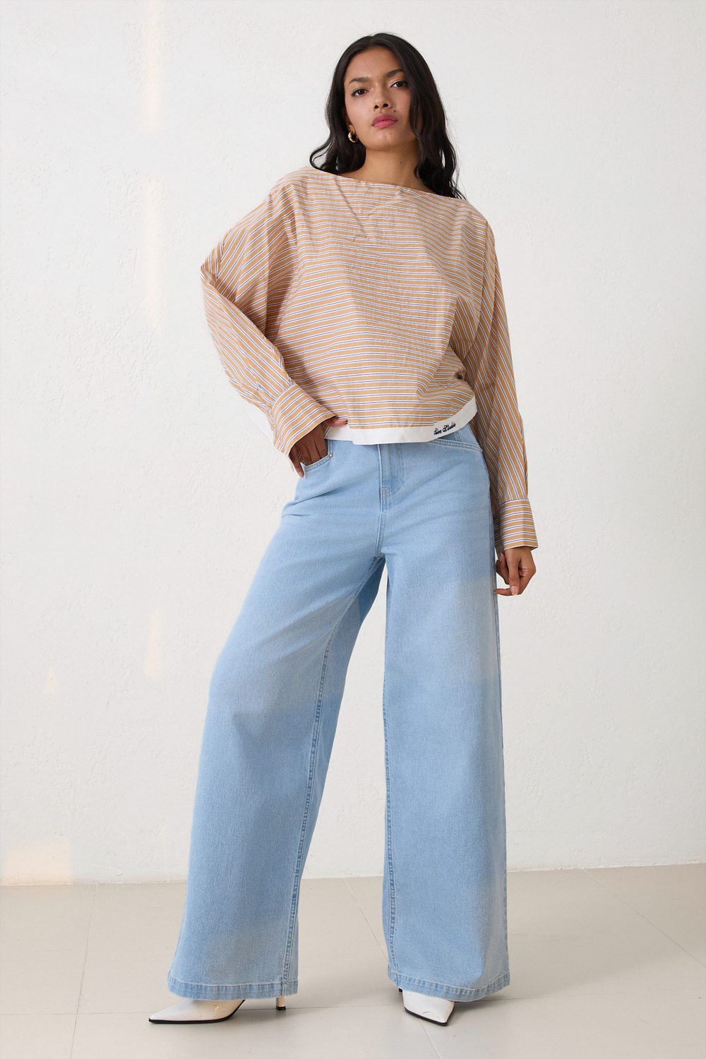 Camel Çizgi Ve Şerit Detaylı Rahat Kesim Bluz Kadın Bluz modelleri