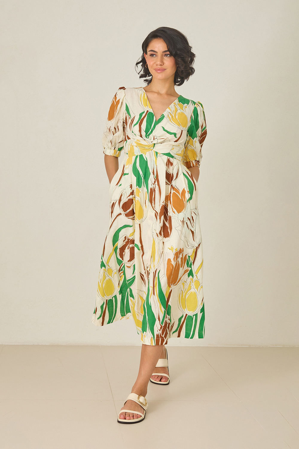 Ekru-Sarı V Yaka Kol Detaylı Belden Oturtmalı Desenli Keten Elbise Kadın Kategorisiz modelleri