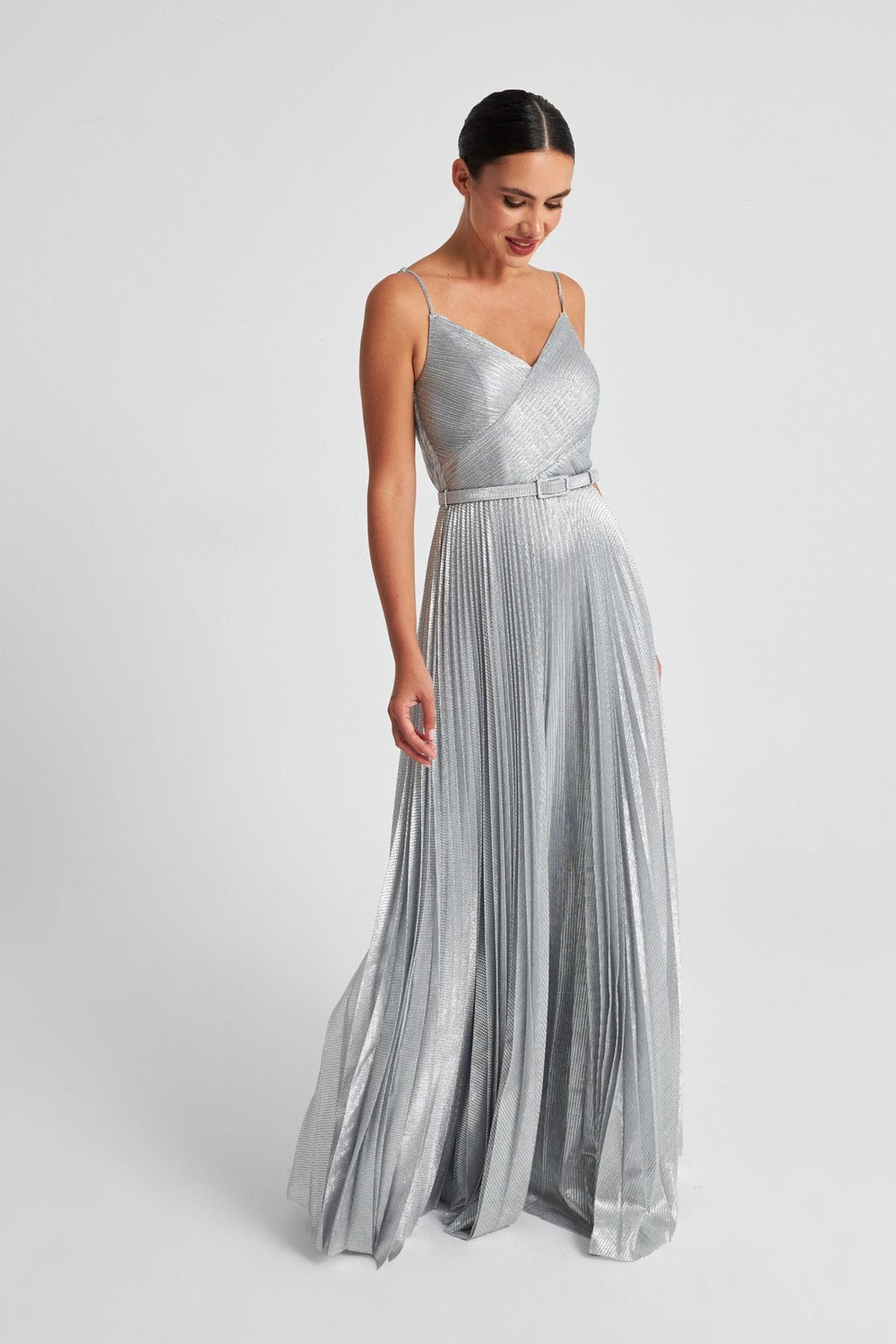 Gümüş Gümüş Kemer Ve Pile Detayı V Yaka Abiye Kadın Abiye Elbise modelleri