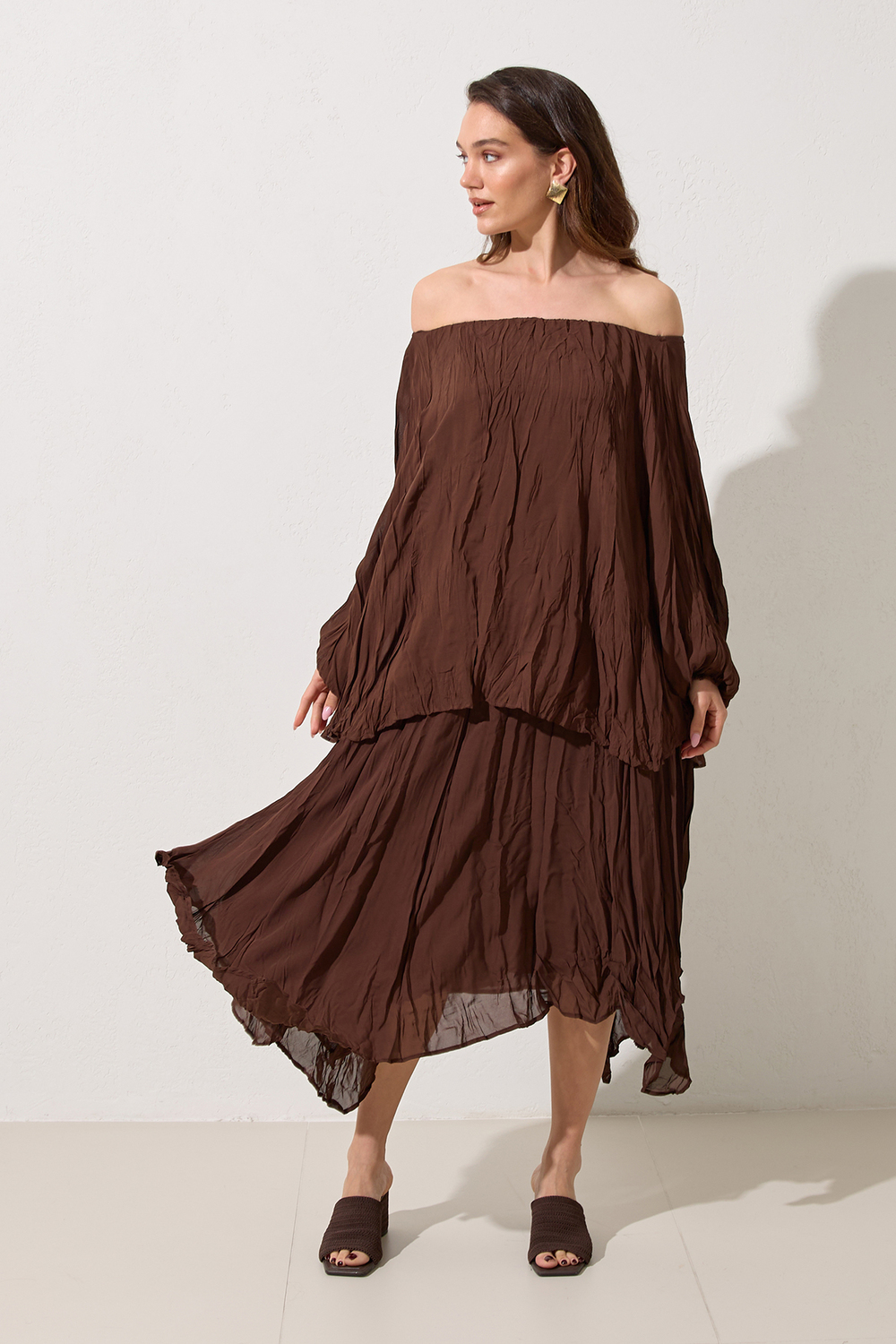 Kahve Rahat Kesim Bluz Midi Boy Asimetrik Etekli Takım Kadın Etekli Takım modelleri