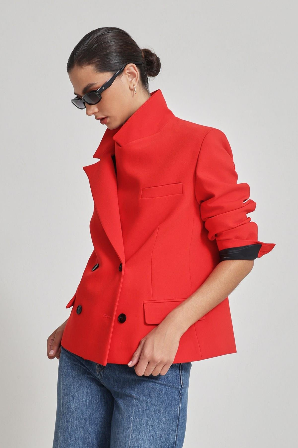 Kırmızı Asimetrik Kapama Cep Detaylı Ceket Kadın Ceket modelleri