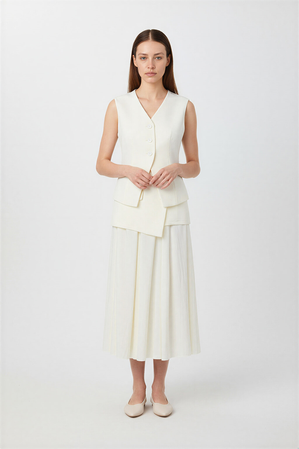 Krem Düğme Detaylı Yelek Ve Pile Detaylı Midi Boy Etekli Takım Kadın Takım Elbise modelleri