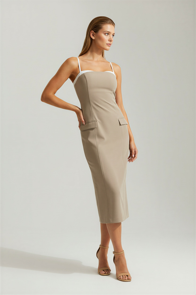 Olive İnce Askılı Yaka Ve Cep Detaylı Midi Boy Elbise Kadın Günlük Elbise modelleri