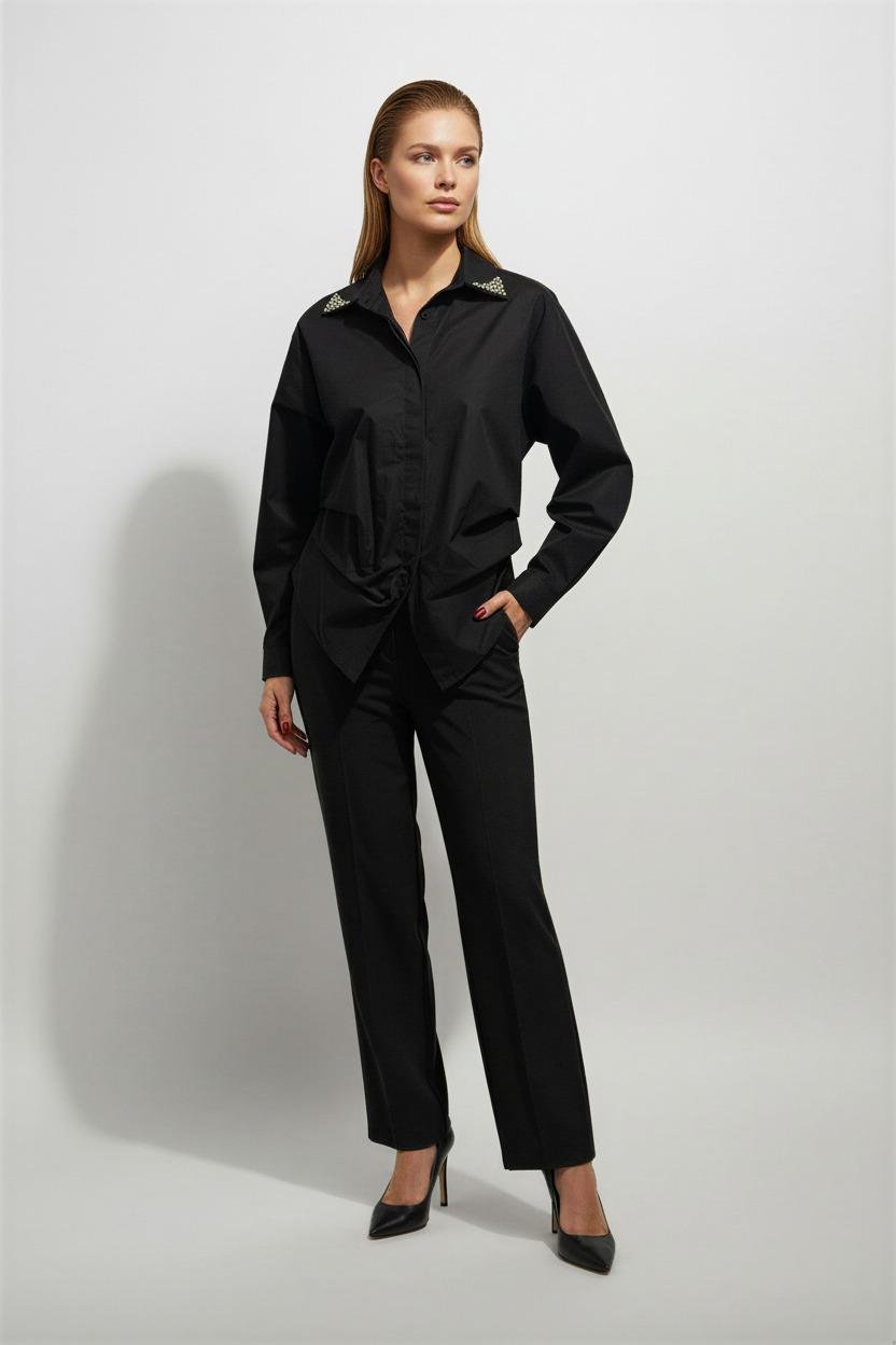 Siyah %100 Pamuklu Yakada Taş Ve Kol Detaylı Gömlek Kadın Gömlek modelleri