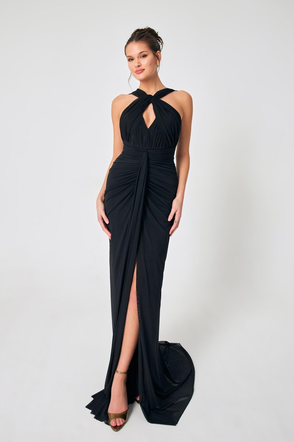 Siyah Koyu Lila Bağlama Detaylı Büzgülü Abiye Kadın Abiye Elbise modelleri