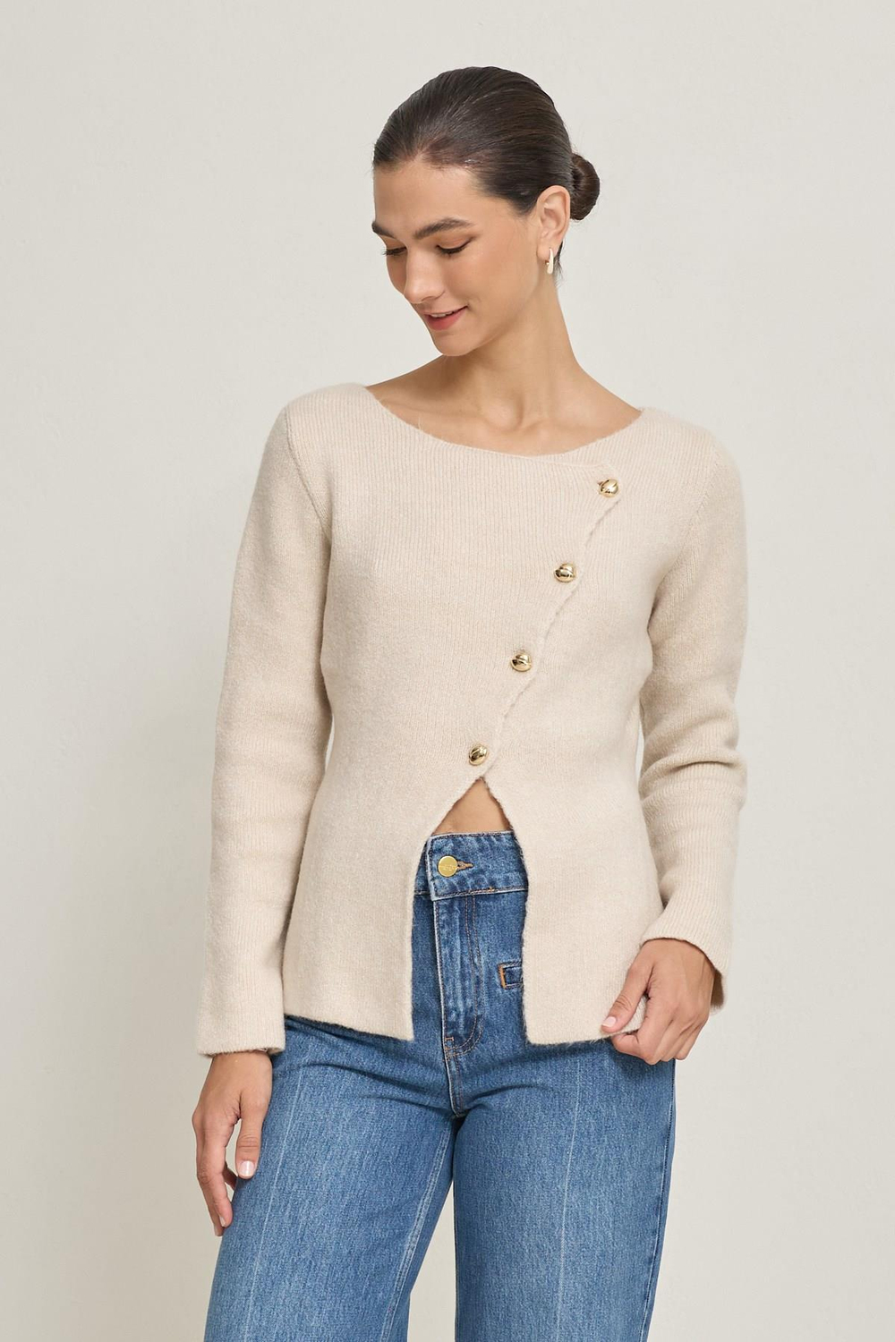 Taş Asimetrik Düğme Detaylı Uzun Kollu Triko Kadın Triko modelleri