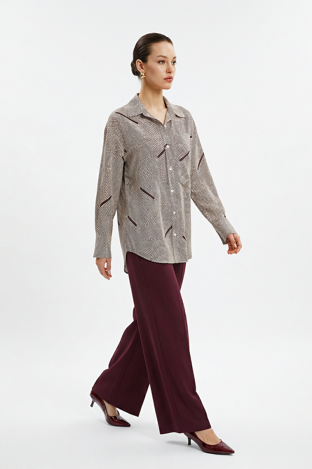 Vişne Uzun Kollu Desenli Gömlek Kadın Gömlek modelleri