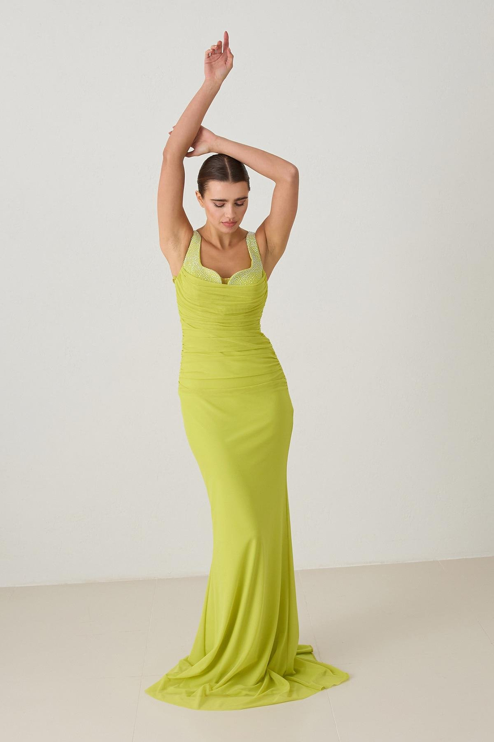 Yağ Yeşili Zarif Omuz Detaylı Gece Elbisesi Kadın Abiye Elbise modelleri