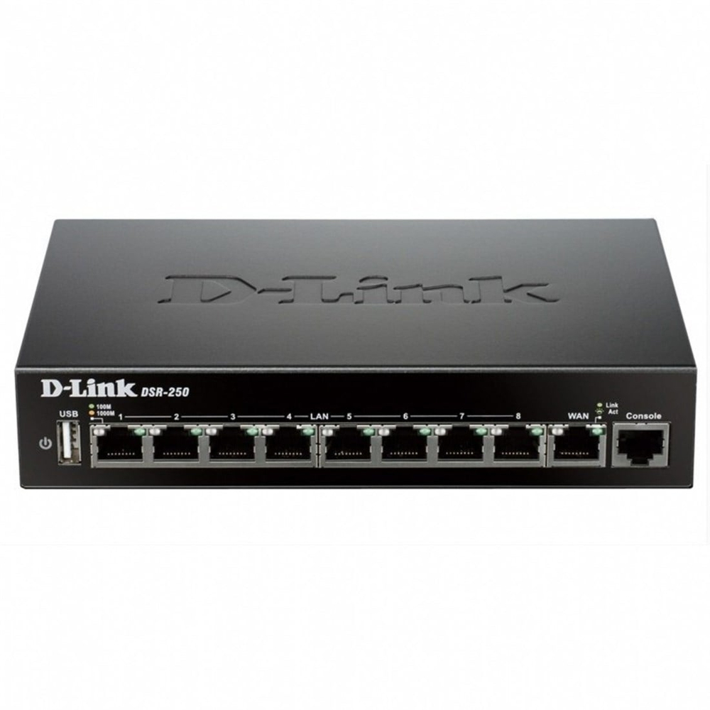 D-LİNK DSR-250 Güvenlik duvarı VPN, WAN + 1 bağlantı noktası 8 bağlantı noktalı LAN 10/100 / 1000Base-TX’i destekler