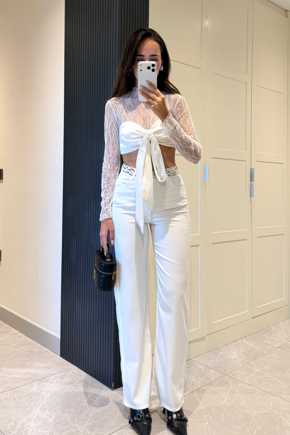 Beyaz Desenli Kemerli Pantolon - Kadın Pantolon Modelleri - Nazliye Moda | Kadın Giyim Modası