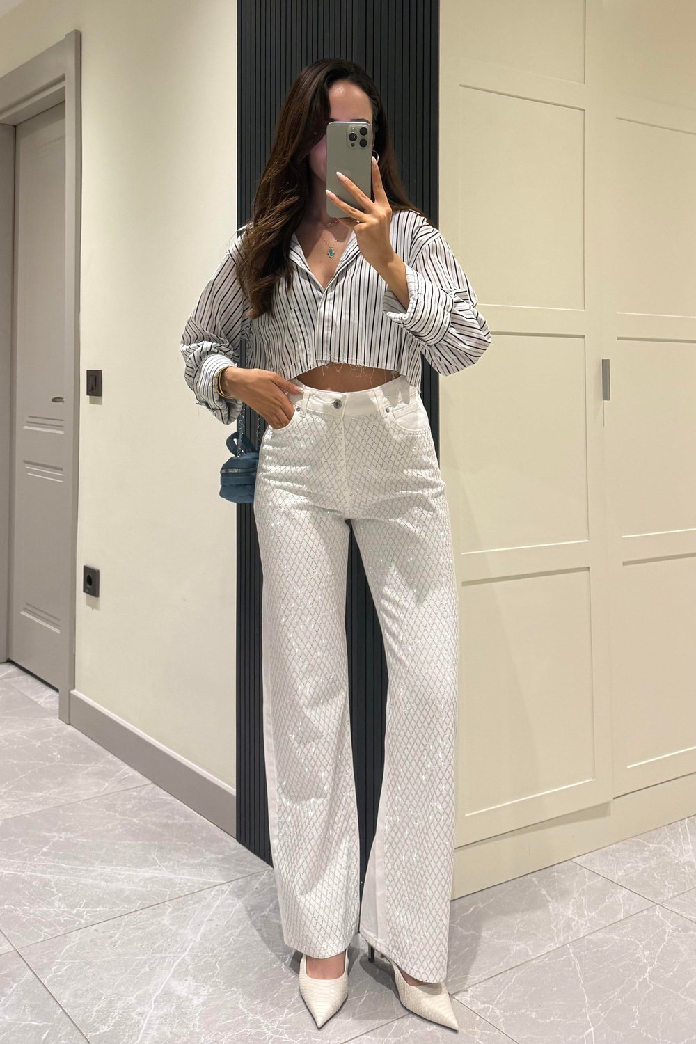 Beyaz Küçük Baklava Taşlı Premium Jean - Kadın Jean Modelleri - Nazliye Moda | Kadın Giyim Modası