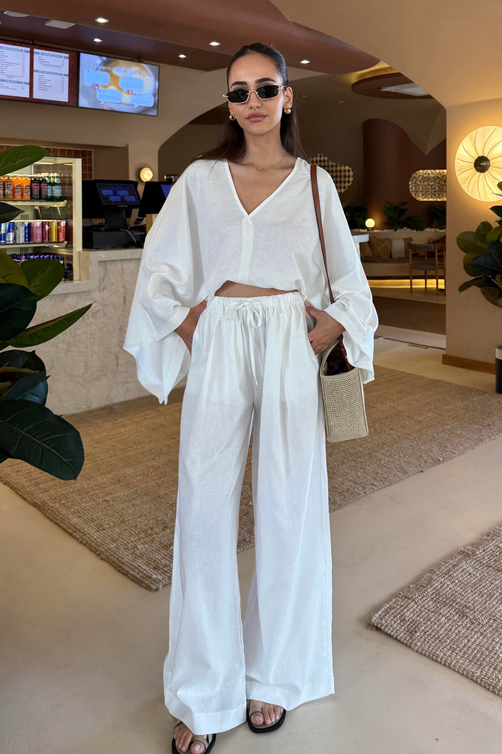 Beyaz Panço Detay Premium Keten Takım - Kadın ALT ÜST TAKIM Modelleri - Nazliye Moda | Kadın Giyim Modası