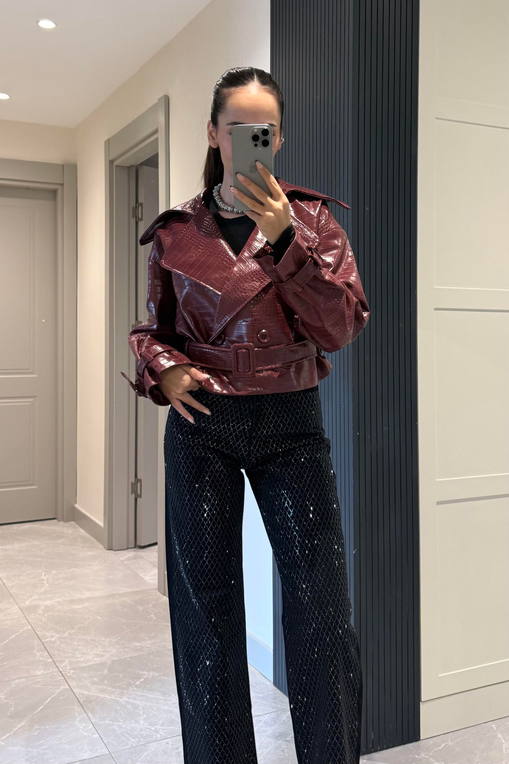 Bordo Crocodile Premium Deri Trençkot - Kadın Trençkot Modelleri - Nazliye Moda | Kadın Giyim Modası