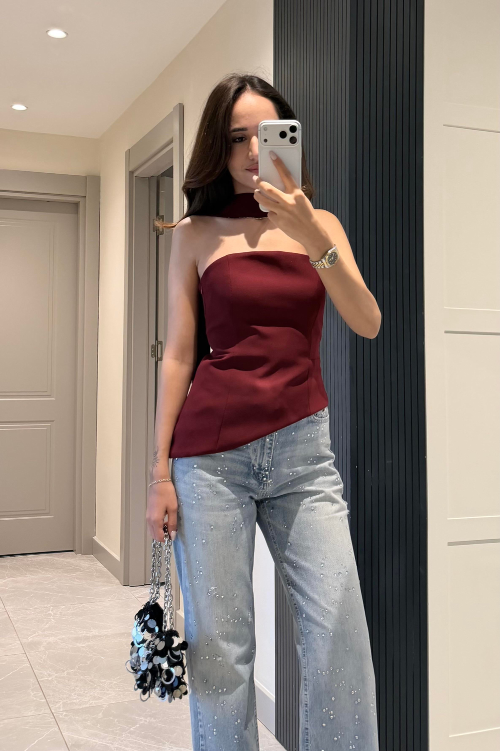 Bordo Fularlı Korse Bluz - Kadın Bluz Modelleri - Nazliye Moda | Kadın Giyim Modası