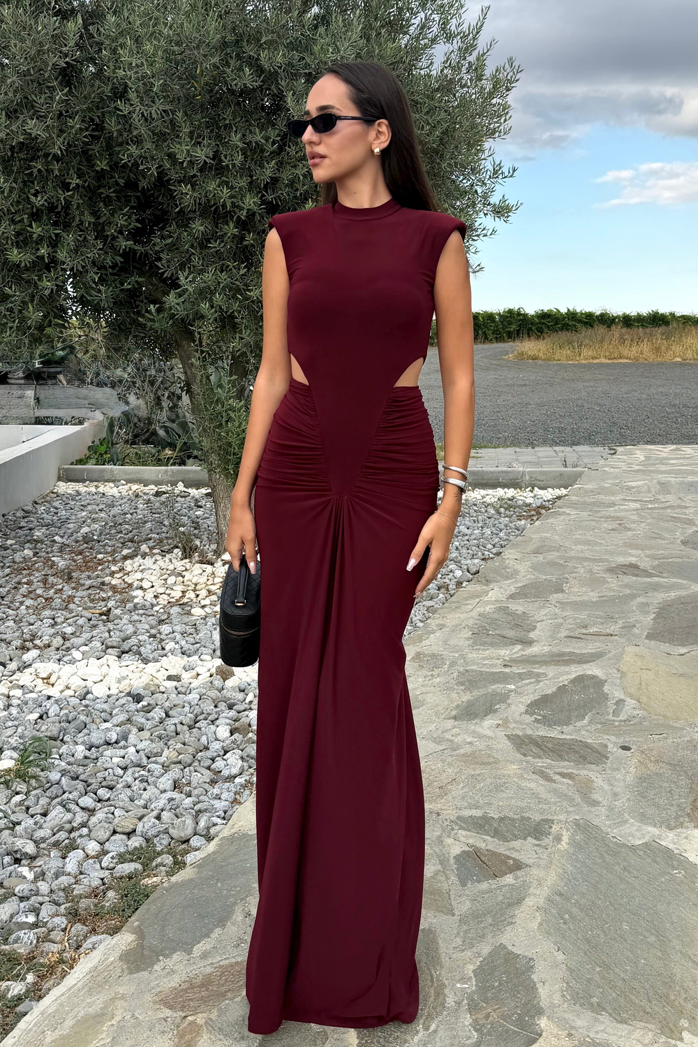 Bordo Kolsuz Bel Dekolteli Drape Uzun Elbise - Kadın Elbise Modelleri - Nazliye Moda | Kadın Giyim Modası