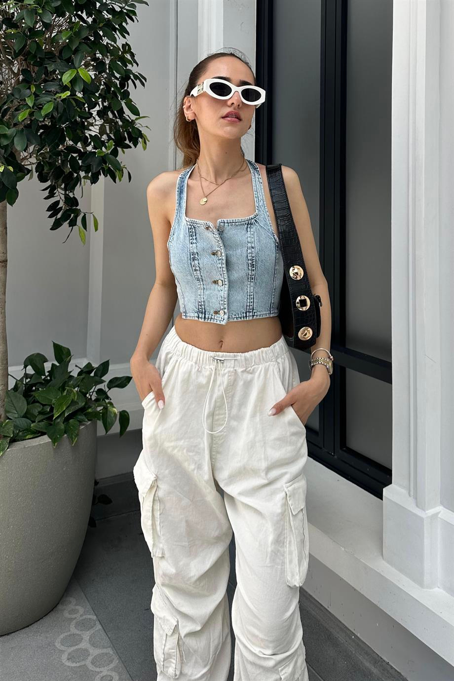 Denim Düğmeli Korse Büstiyer - Kadın Büstiyer Modelleri - Nazliye Moda | Kadın Giyim Modası