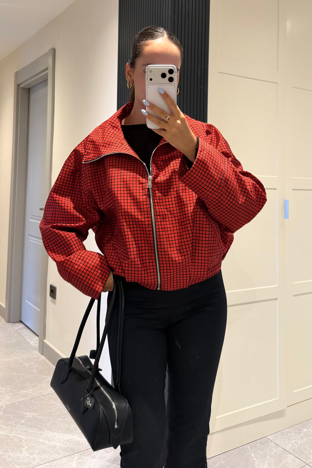 Ekose Kırmızı Mevsimlik Bomber Ceket - Kadın Ceket Modelleri - Nazliye Moda | Kadın Giyim Modası