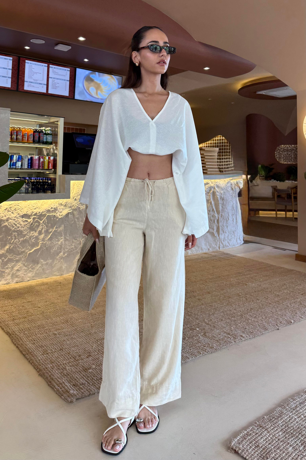 Ekru Bağlama Detay Keten Pantolon - Kadın Pantolon Modelleri - Nazliye Moda | Kadın Giyim Modası