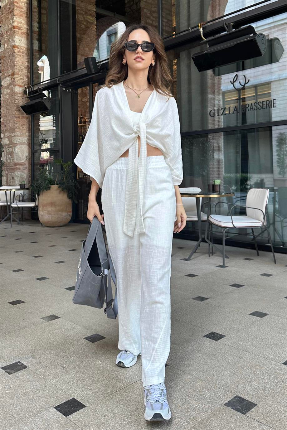 Ekru Flamlı Keten Takım - Kadın Takım Modelleri - Nazliye Moda | Kadın Giyim Modası