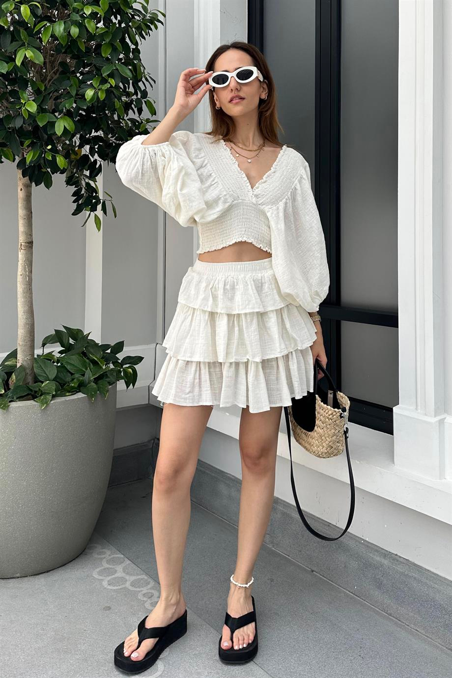 Ekru Mini Etek Büstiyer Keten Takım - Kadın Takım Modelleri - Nazliye Moda | Kadın Giyim Modası