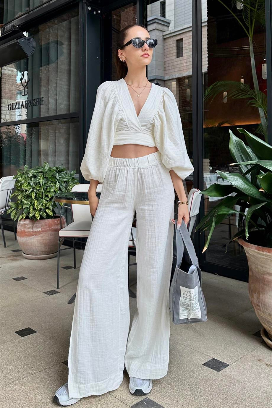 Ekru Pantolon Bluz Keten Takım - Kadın Takım Modelleri - Nazliye Moda | Kadın Giyim Modası
