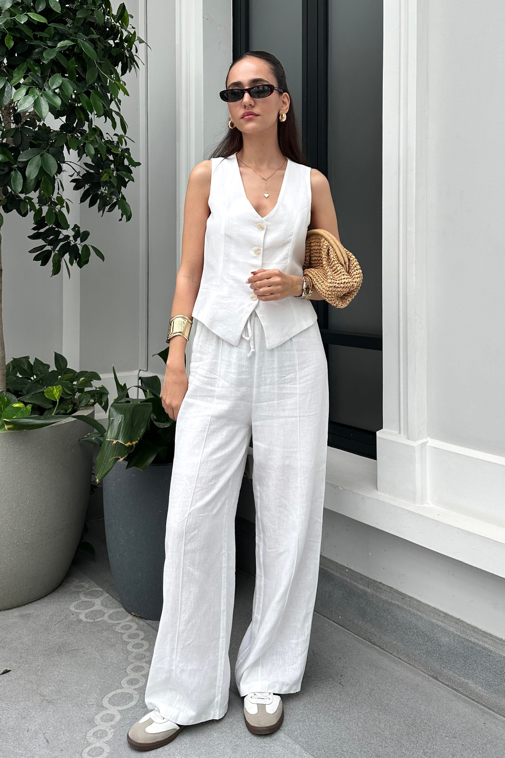 Ekru Pantolon Yelek Keten Takım - Kadın Takım Modelleri - Nazliye Moda - Kadın Giyim Modası