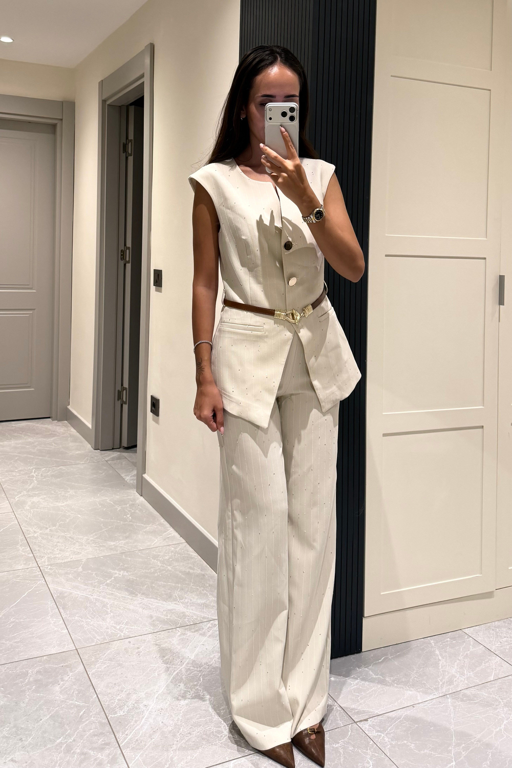 Ekru Pullu Kemer Detay Takım - Kadın Takım Modelleri - Nazliye Moda | Kadın Giyim Modası