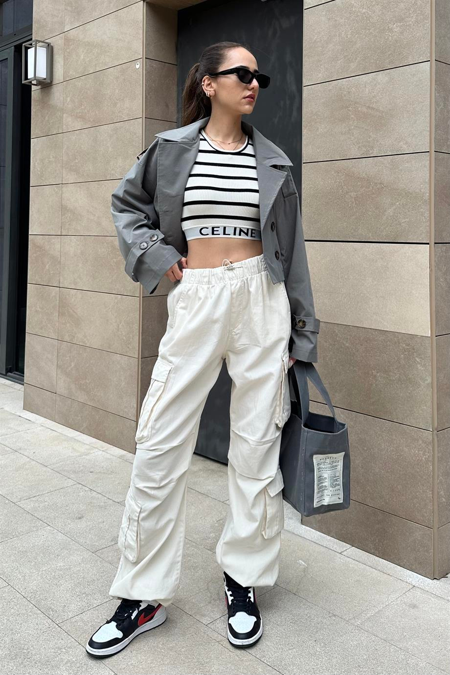 Ekru Tasarım Kargo Jogger Pantolon - Kadın Pantolon Modelleri - Nazliye Moda | Kadın Giyim Modası
