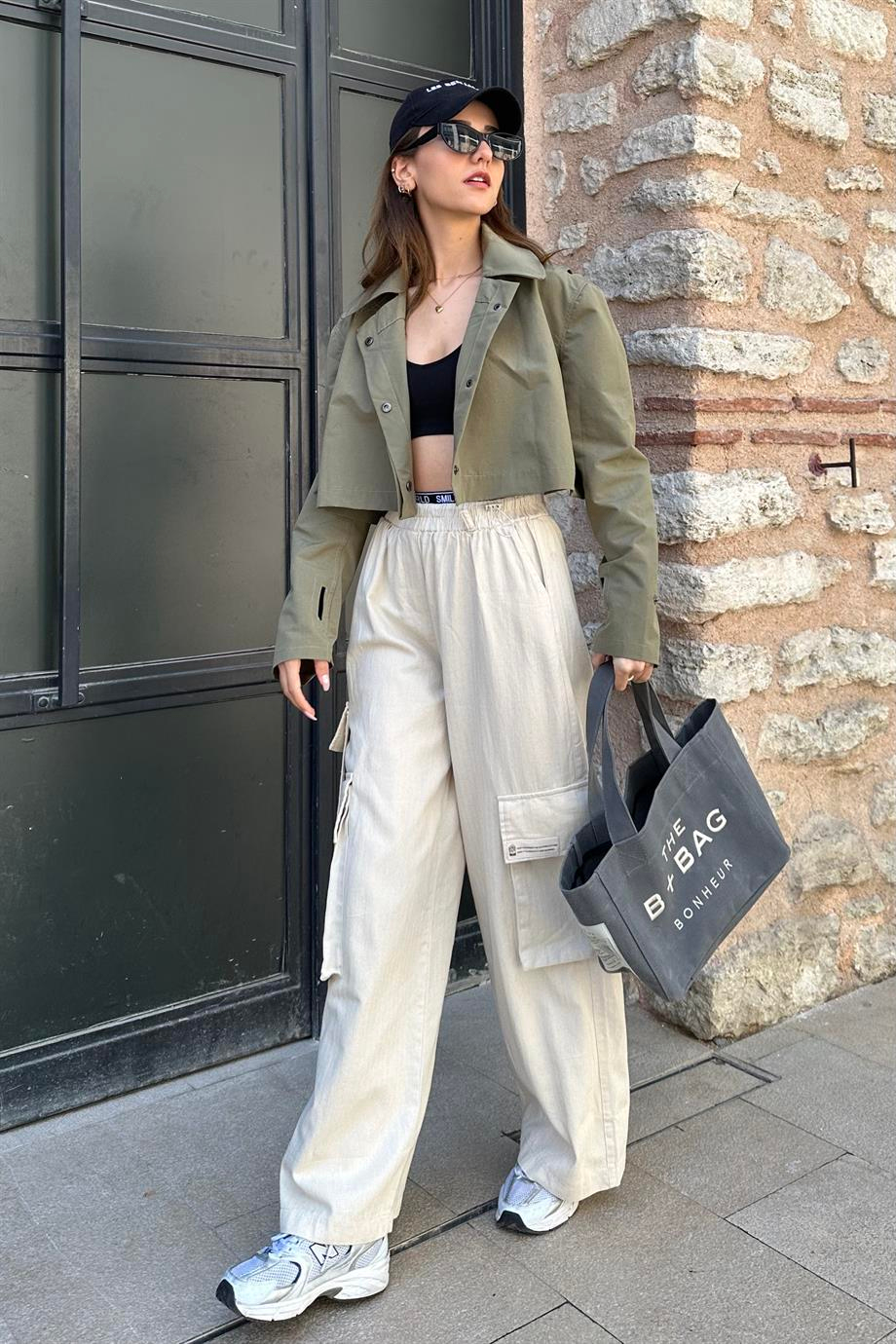 Ekru Tasarım Kargo Keten Pantolon - Kadın Pantolon Modelleri - Nazliye Moda | Kadın Giyim Modası