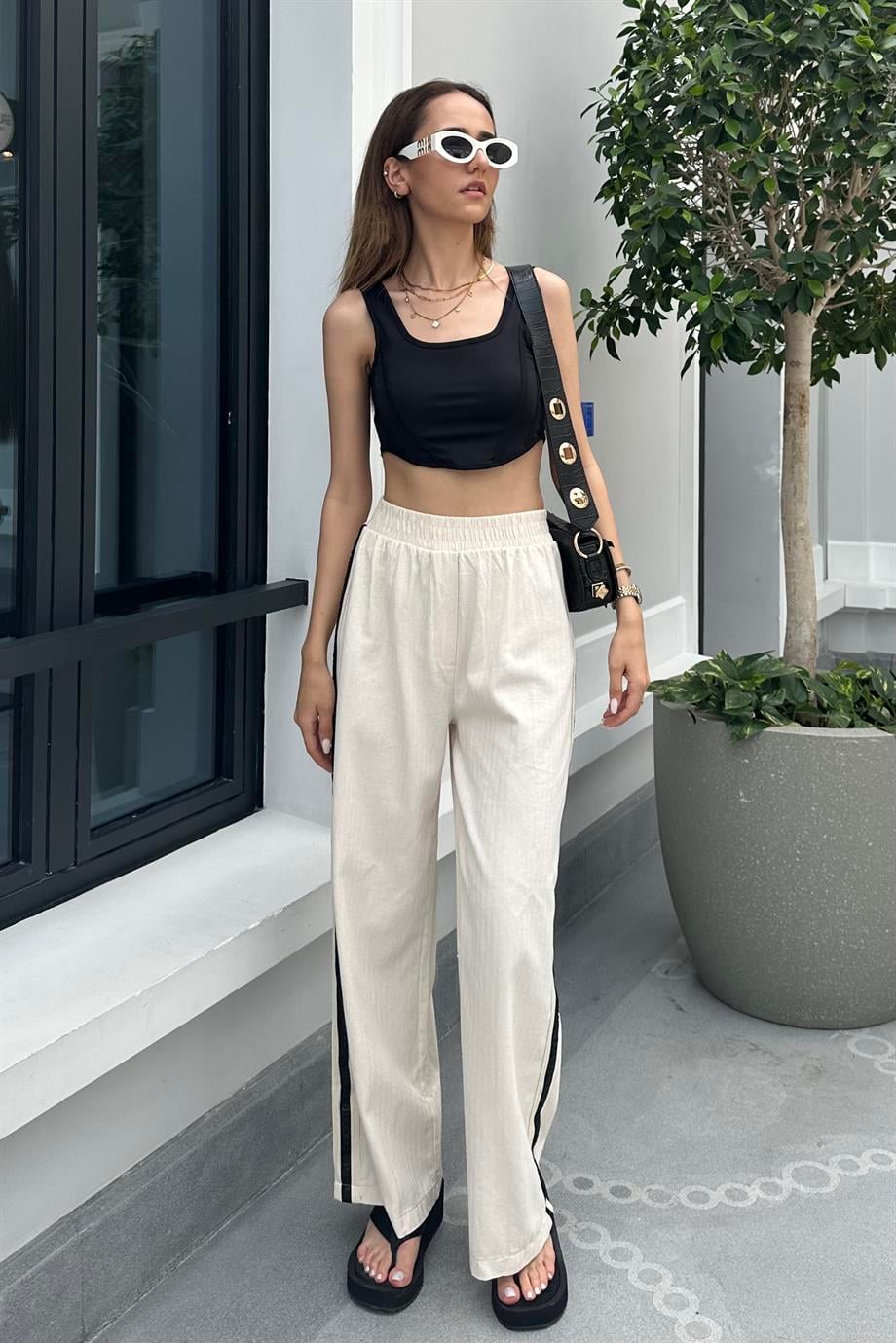 Ekru Yan Şeritli Keten Pantolon - Kadın Pantolon Modelleri - Nazliye Moda | Kadın Giyim Modası