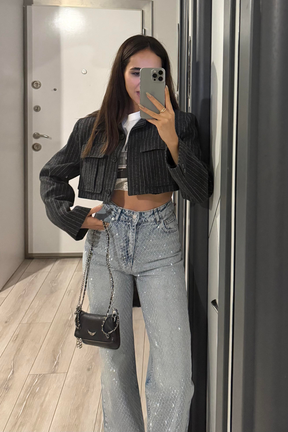 Füme Çizgili Crop Ceket - Kadın Ceket Modelleri - Nazliye Moda | Kadın Giyim Modası