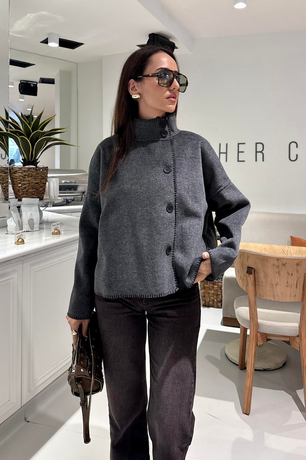 Füme Çoban Dikişli Ceket - Kadın Ceket Modelleri - Nazliye Moda | Kadın Giyim Modası