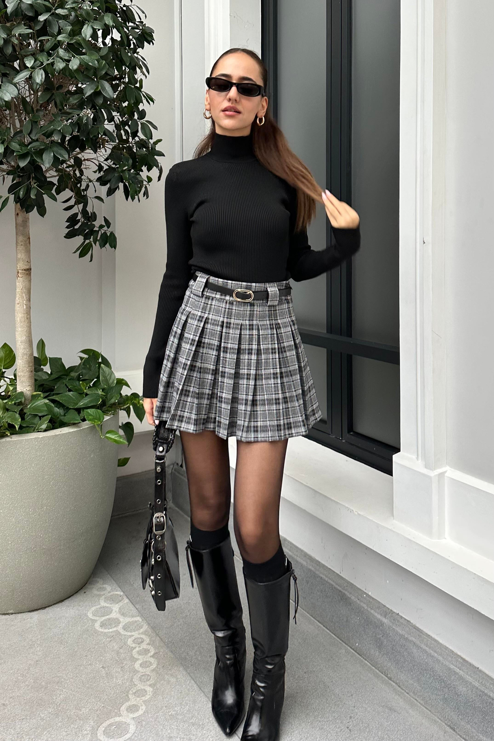 Füme Ekose Pileli Mini Etek - Kadın Etek Modelleri - Nazliye Moda - Kadın Giyim Modası