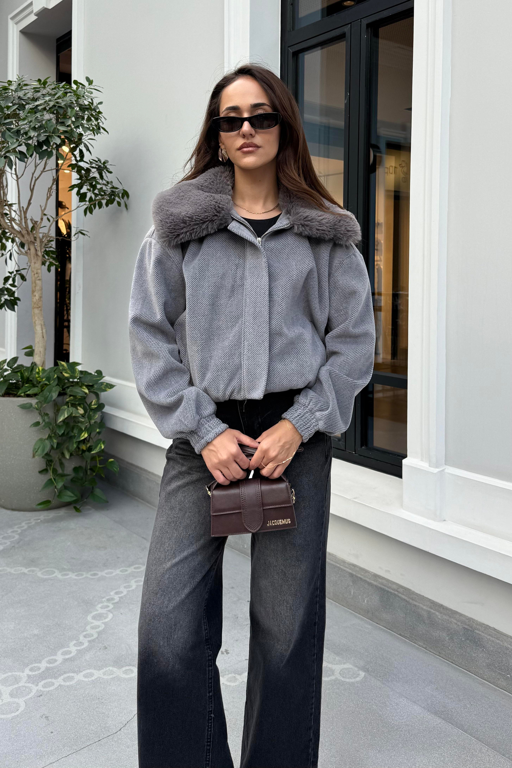 Gri Kürk Detay Kaşe Mont - Kadın Mont Modelleri - Nazliye Moda | Kadın Giyim Modası